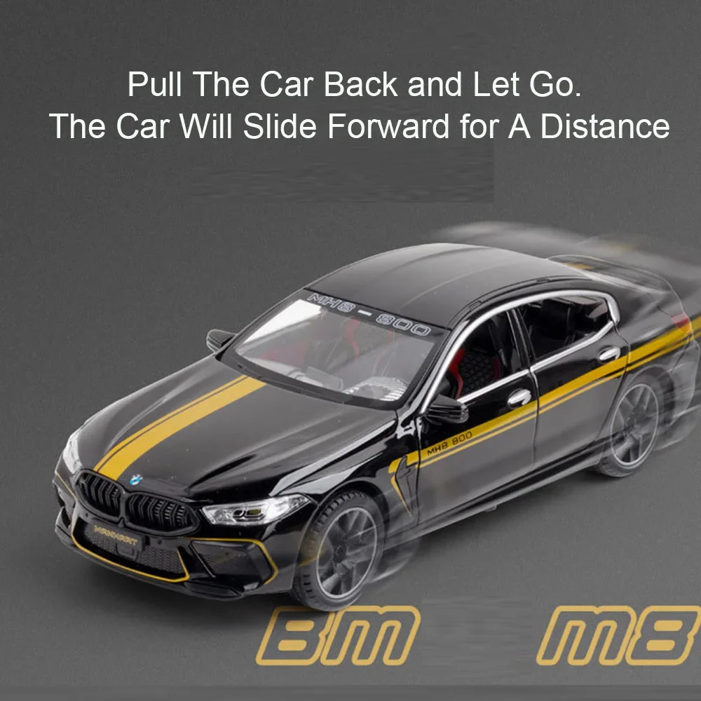 1:24 BMW M8 MH8-800 Sports Cars Miniature Toys Models Alloy Diecast with Pull Back Car Sound Light Vehicle Kids Collection Gifts