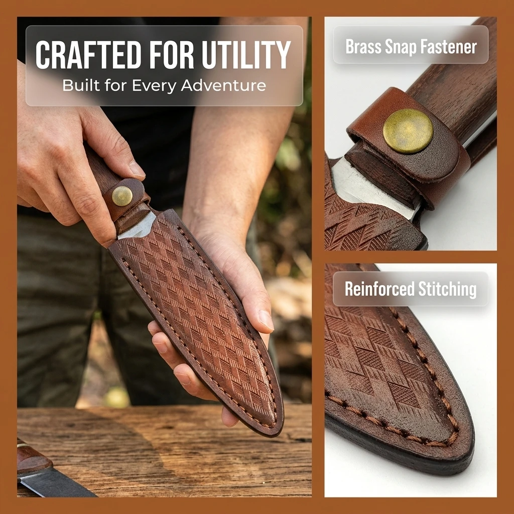 Cowhide Scabbard Fixed Blade Embossed Leather Case with Belt Buckle for Outdoor Camping Hunting Holster 26.8CM