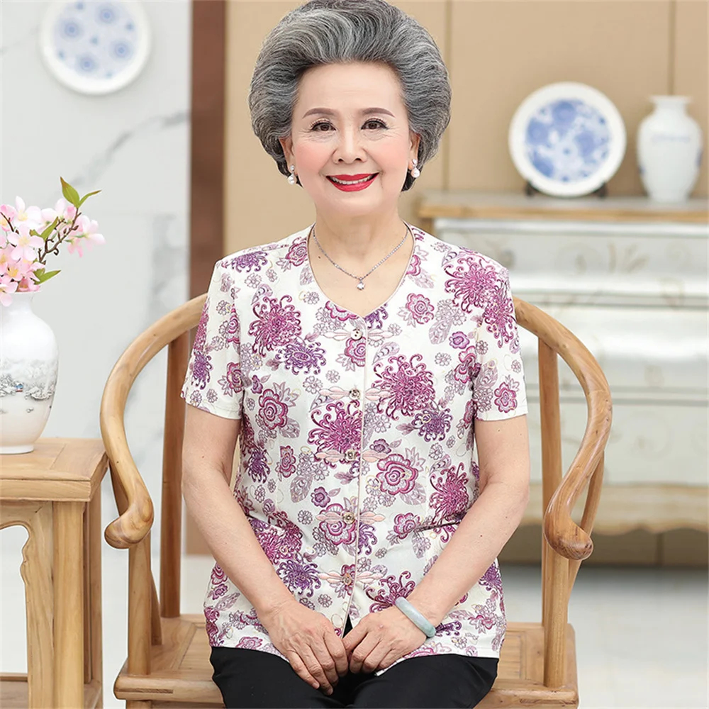 Grandma summer ice silk short-sleeved shirt middle-aged elderly summer dress female mother dress top old lady clothes GJ5