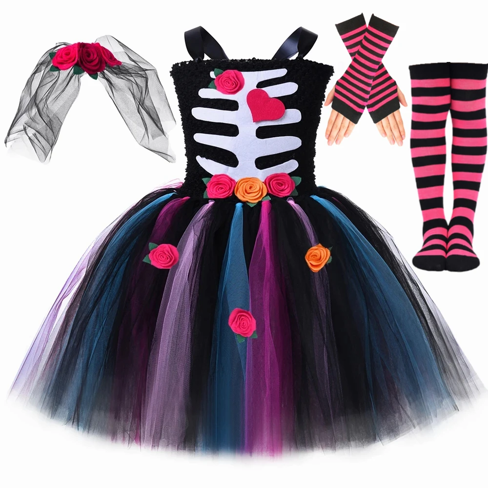 Girls Corpse Bride Skeleton Costume Kids Rose Flowers Skeleton Tutu Dress Toddler Girls Halloween Day of The Dead Carnival Dress