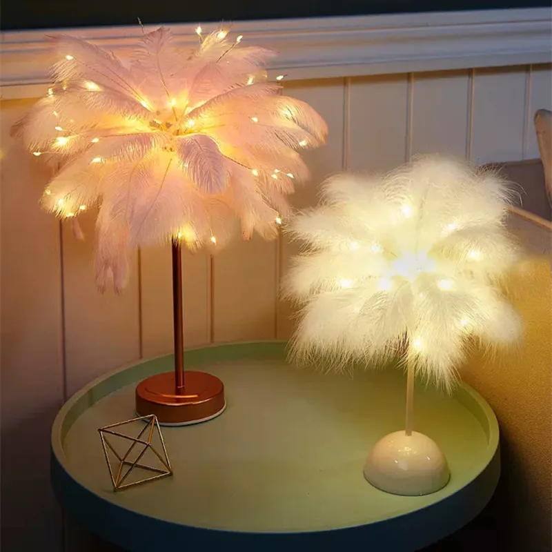 Feather Table Lamp Bedroom Girls Night Light Creative Simple Modern Wedding Room Warm Decor Light