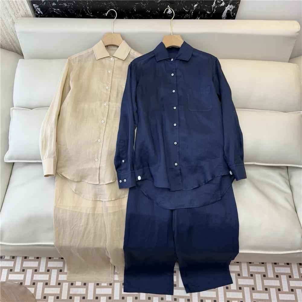 Women's 100% Ramie Long-Sleeve Shirt Top/ Drawstring Straight-Leg Pants 2-Piece Set