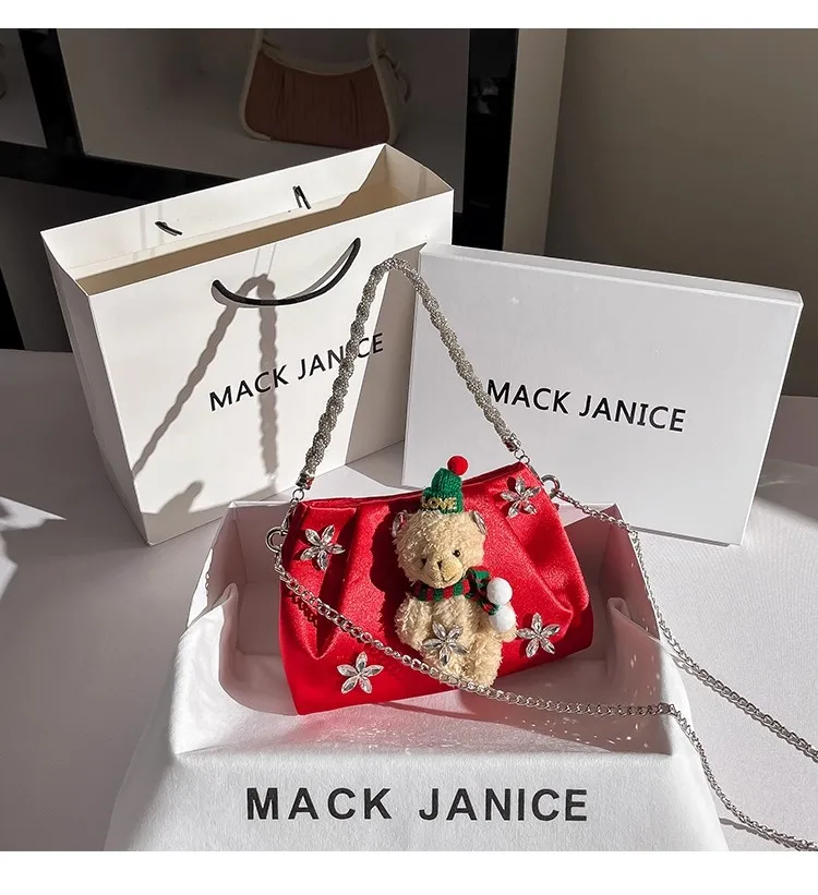 

Luxury Fashion Red Satin Clutch Purse Cute Bear Women Handbag Wedding Party Banquet Bag Shoulder Crossbody Bag For Christmas