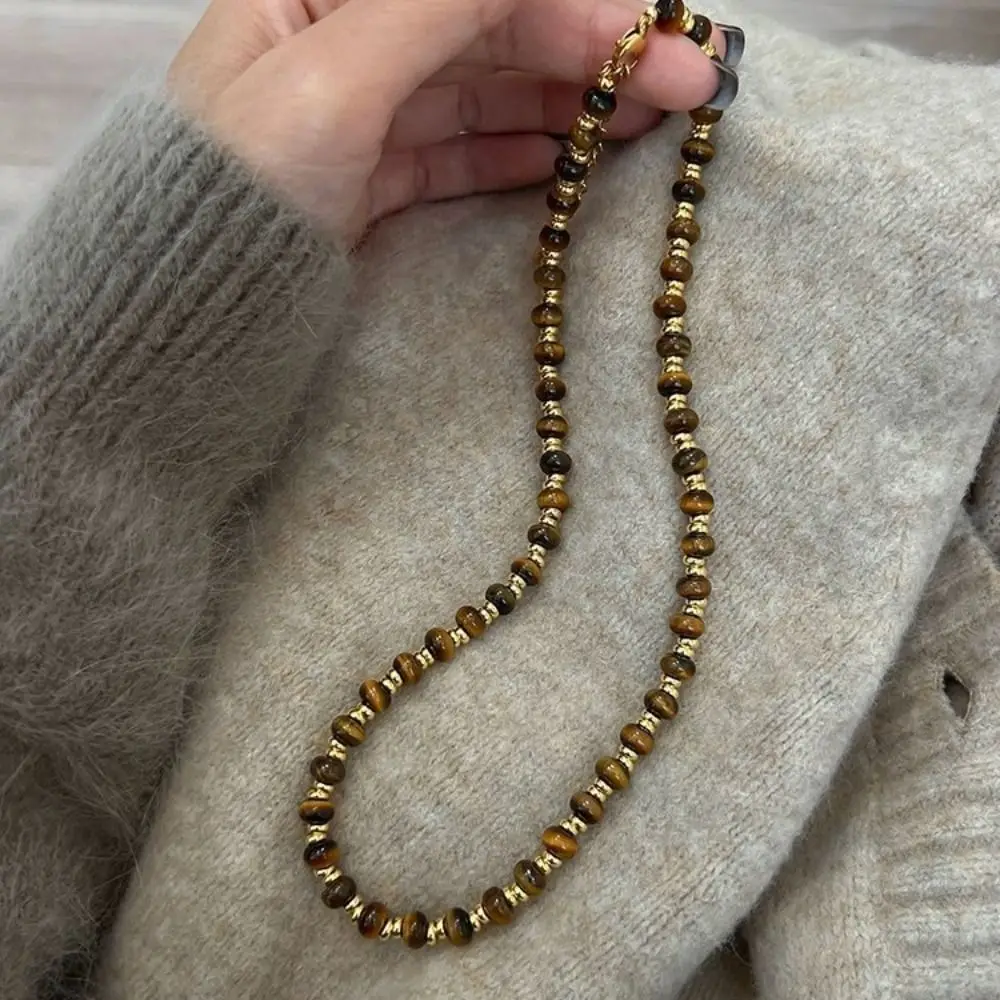 New Round Tiger Eye Stone Necklace Retro Artificial Glass Chain Choker Stackable Neck Maillard Jewelry Accessories for Women