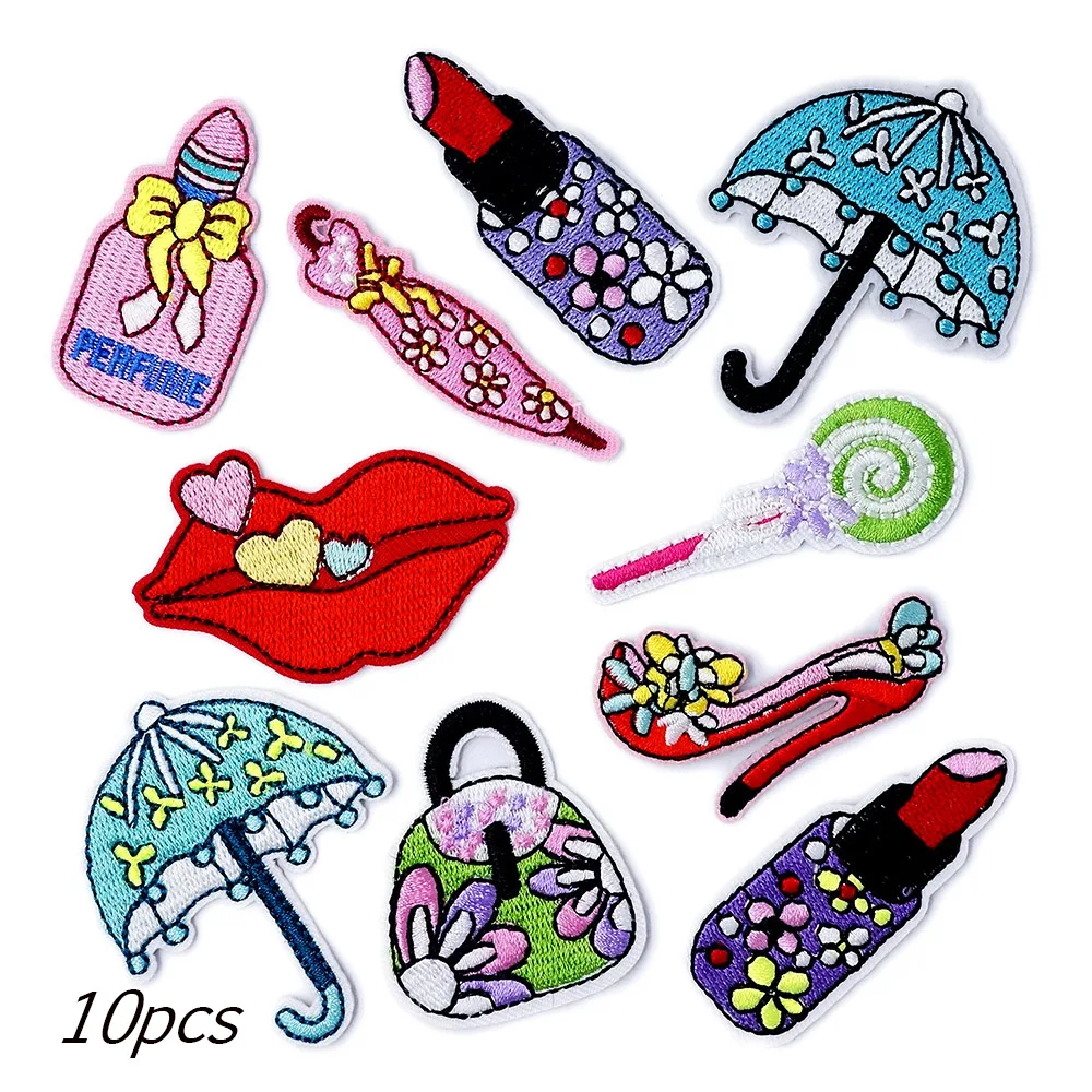 10Pcs/Lot Umbrella Lipstick Embroidered Patches Applique Sewing Clothes Accessories Apparel Sewing Supplies Patch Decoration