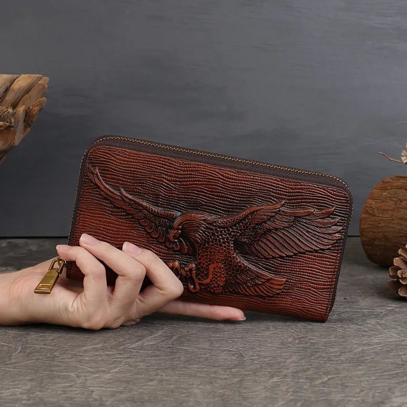 

2026 Genuine Leather Wallet Men, Pure Cowhide, Retro Embossed, Long Zipper Clutch, Large Capacity Wallet