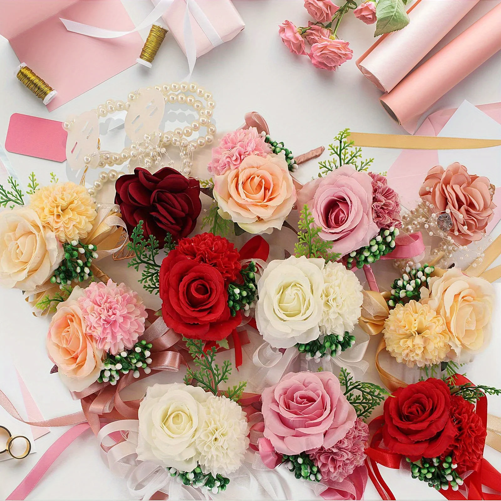 10pcs Pearl Crystal Wrist Flower Corsage Wedding Bracelets Beautiful Bride Bridesmaids Children Girls Jewelry Hand Flower Access