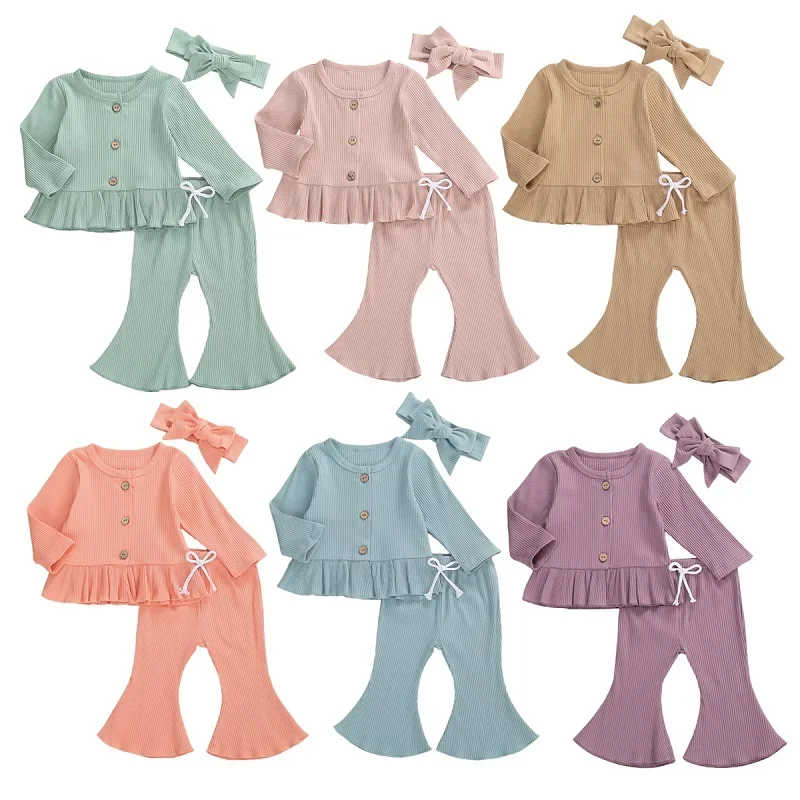 

Newborn Baby Girls 3pc Knit Outfit Set - Long Sleeve Ruffle Top, Flared Pant, Headband