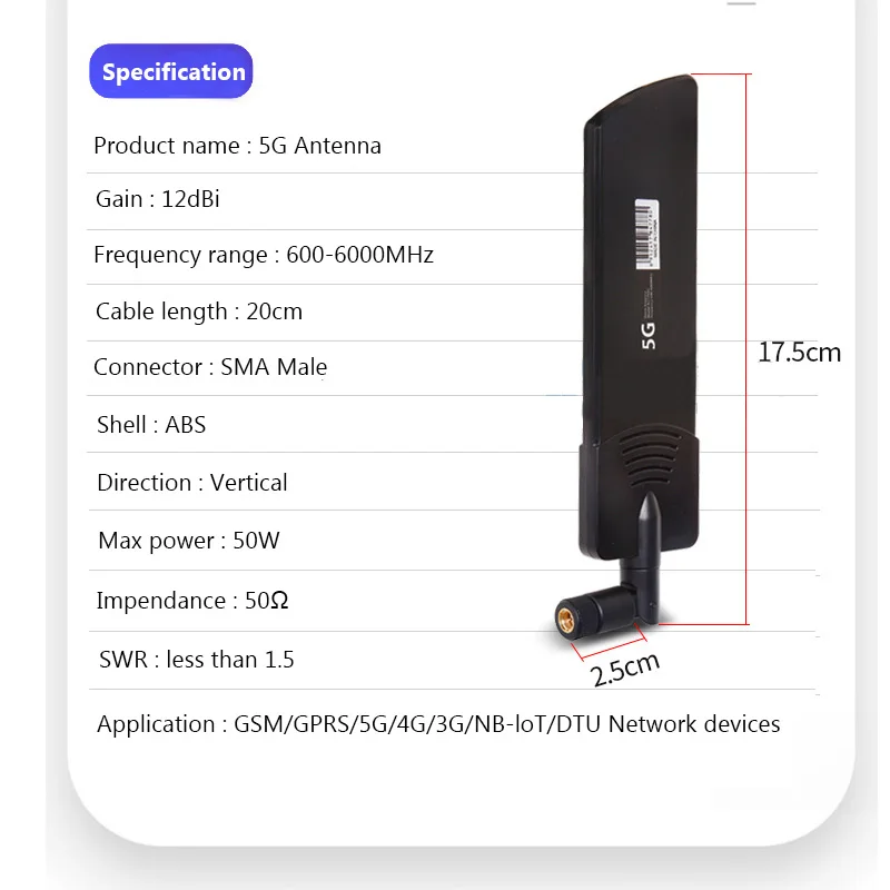 1pcs 3G 4G 5G Antenna High Gain 12dBi 600-6000MHz SMA Male for Wireless Network Card Wifi Router High Signal Sensitivity