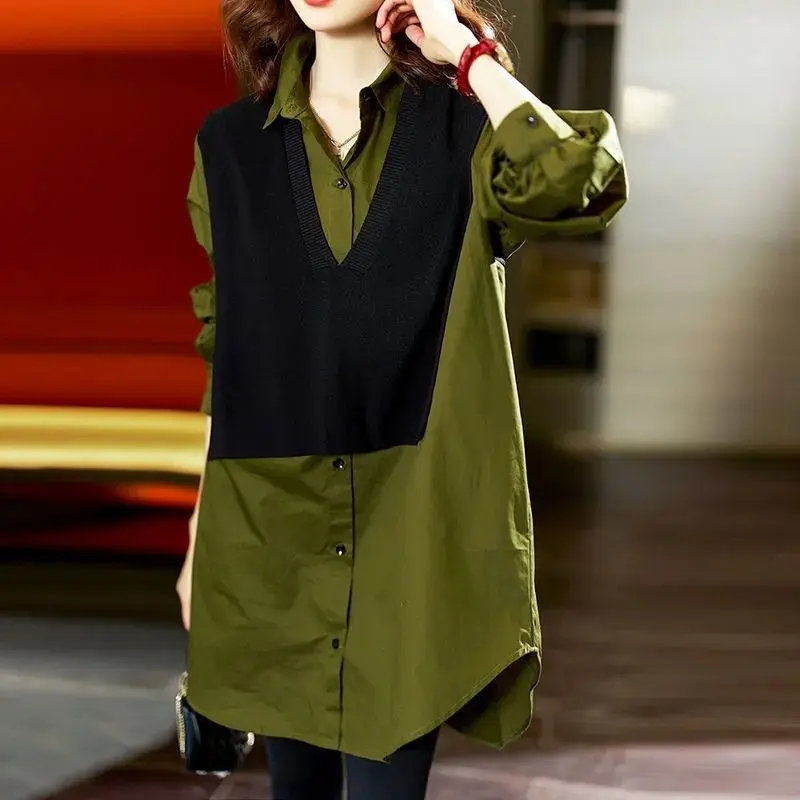 

Autumn Popular Korean Contrasting Turn-down Collar Vintage Casual Women's Loose and Versatile Long Sleeved Button Style Shirt