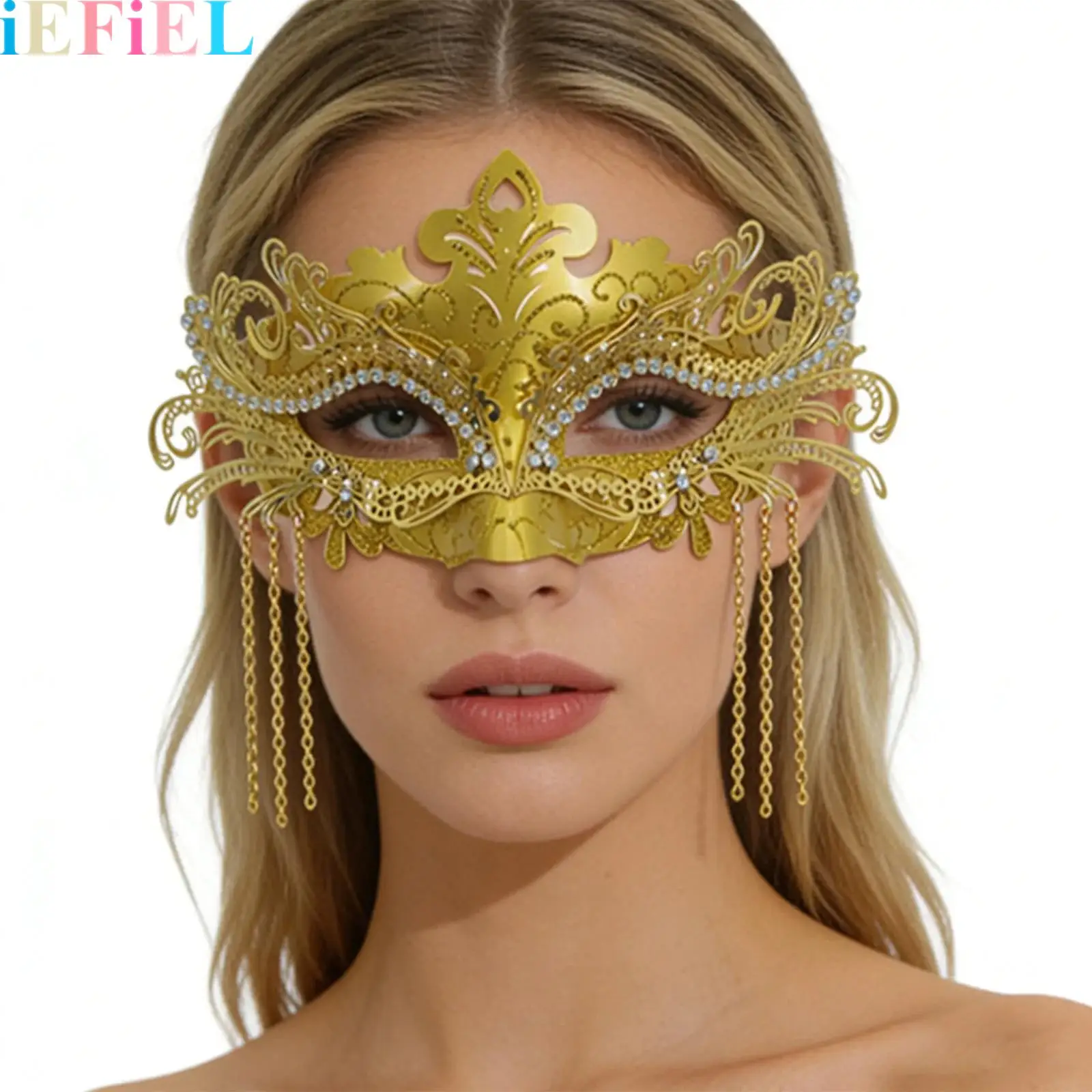 

Women Masquerade Mask with Elastic Band Rhinestone Metal Chain Decoration for Theme Party Carnival Costume Ball