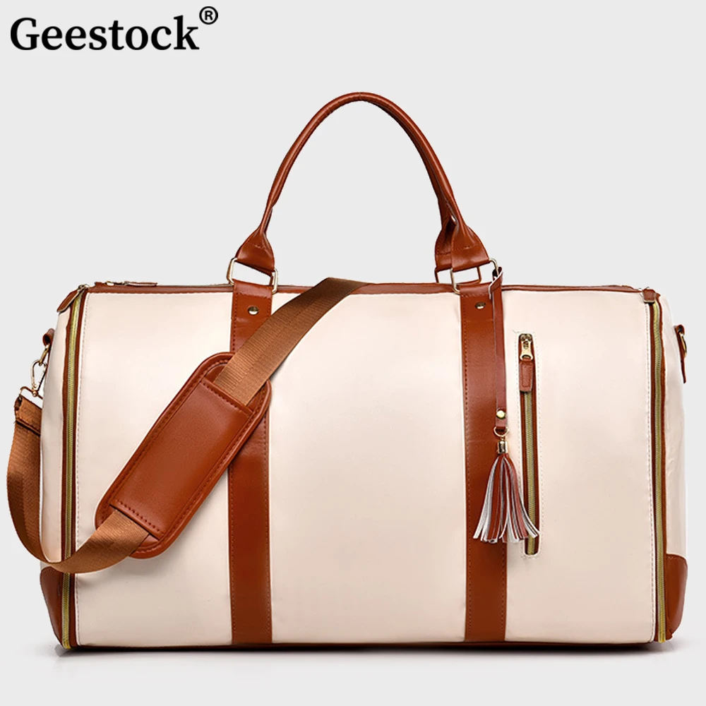 Geestock Garment Duffle Bag for Travel 2 in 1 Foldable PU Leather Hanging Suit Travel Bag Large Weekender Bag for Women Men