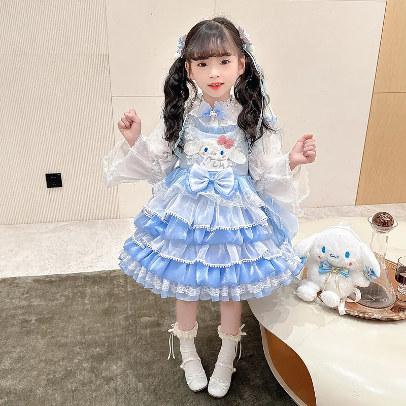 Spring Summer Cinnamoroll Cartoon Lolita Dress Girl Sweet Cute Bow Lace Tiered Skirt Party Dress Festival Gift Birthday Gift - view 4
