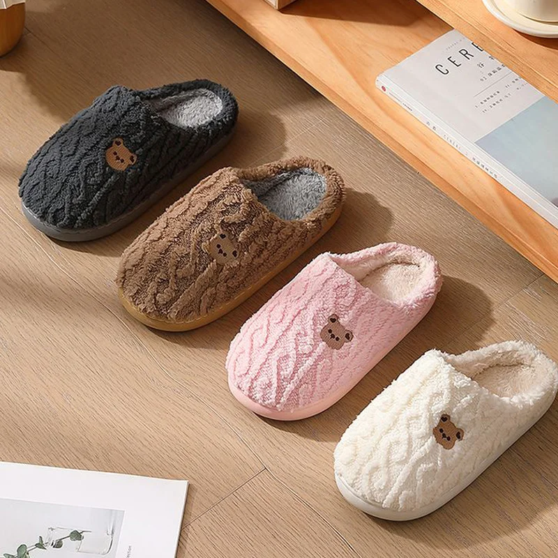 Winter Fluffy Shoes Women Cotton Slippers Cartoon Bear Thick Sole Warm Slides Men Female Couple House Indoor Plush Flat Shoes