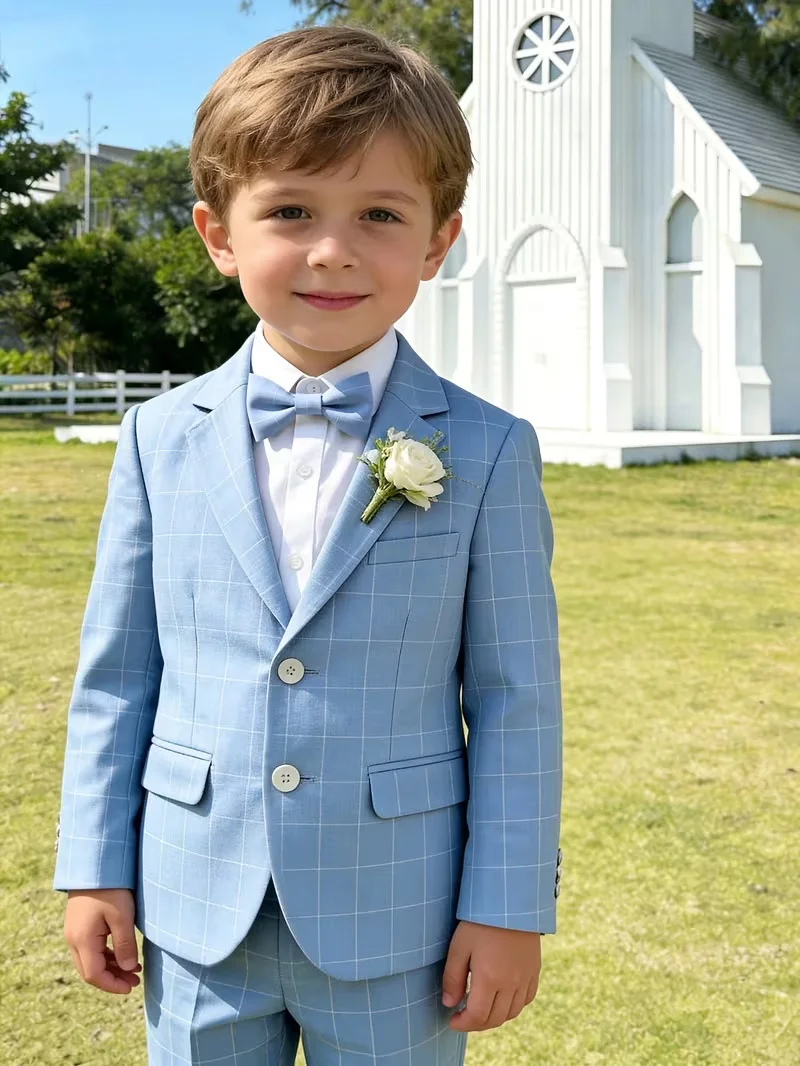 Gentleman Kids Formal Plaid Suit Set Flower Boys Wedding Dress Children's Piano Host Speech Performance Costume