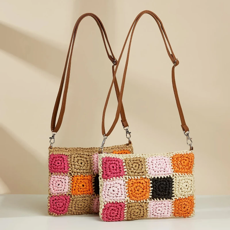 

New Handmade Grass Woven Crossbody Bag Crochet Bag New Color Handmade Woven Paper Grid Crossbody Bag Beach Shoulder Bag