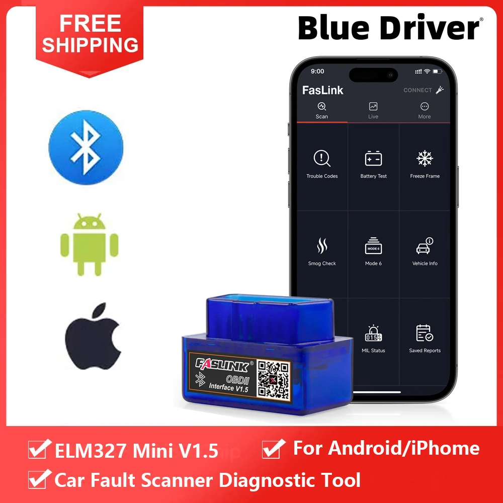 Car Fault Detector ELM327 Mini V1.5 Bluetooth Diagnostic Scanner OBD 2 Universal Diagnostic Tool for IOS Android Car Code Reader