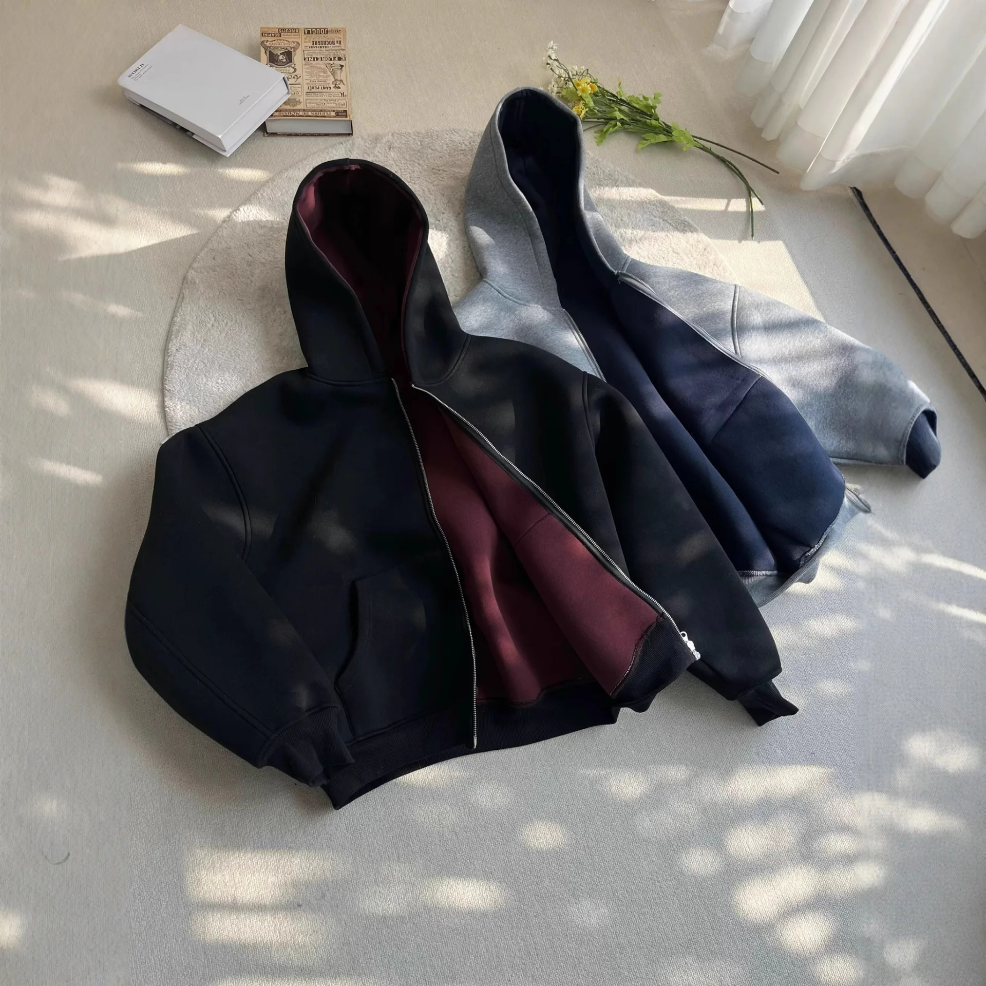 Herren 1200G Air Layer Hoodie Jacke mit doppelseitigem Reißverschluss, lässige koreanische Version, schwerer Y2K-Hoodie, Kapuzenpullover