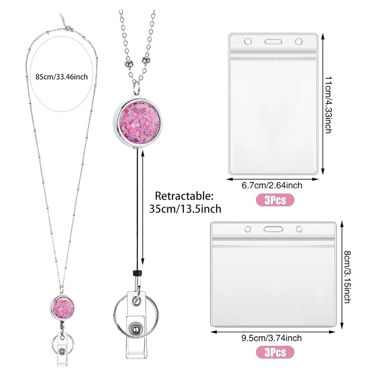 Confezione da 3 cordini da donna per badge identificativi con porta badge identificativo da 6 pezzi per cordini da crociera da donna in acciaio inossidabile Glitter-AB09