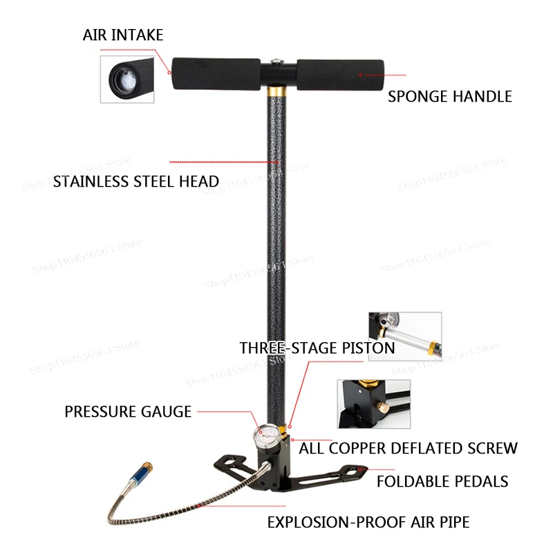 High-pressure three-stage air pump with 4500 PSI, made of stainless steel, small air cylinder