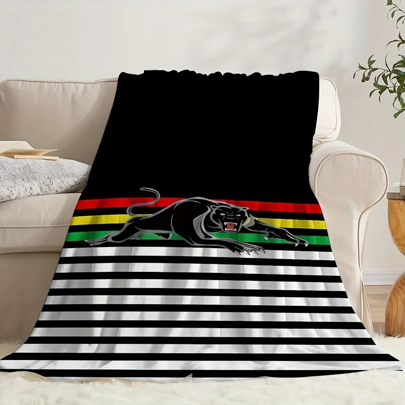 Cool Black Panther Graphic Black White Striped Color Band Pattern Flannel Fleece Blanket Warm Plush Bed Throw for Living Room