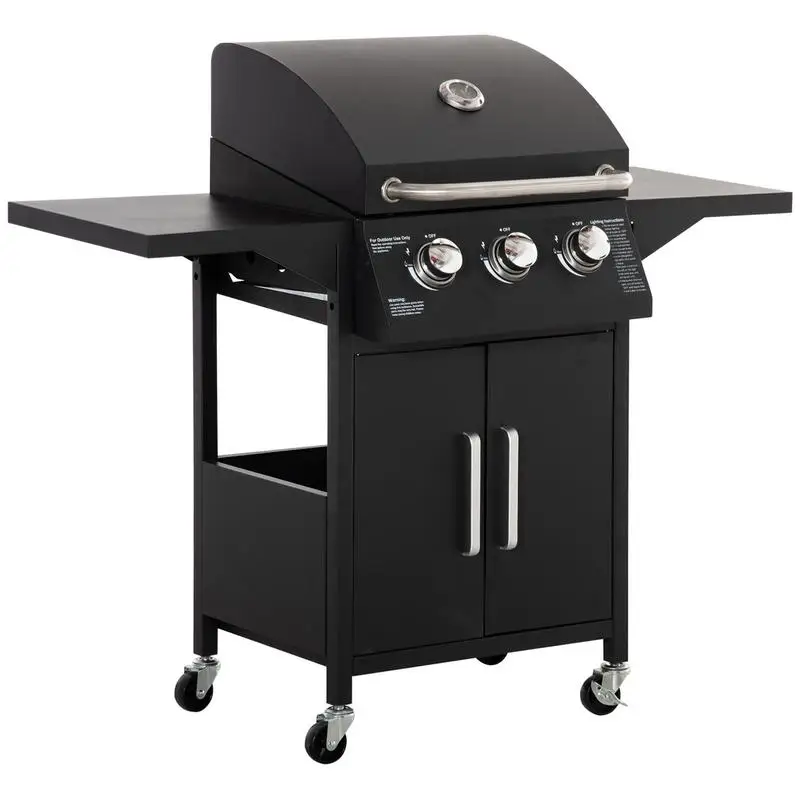 

Outdoor 3 Burner Gas Grill Portable Barbecue w/ Wheels, Warming Rack, Shelves, Cabinet, Thermometer, Black