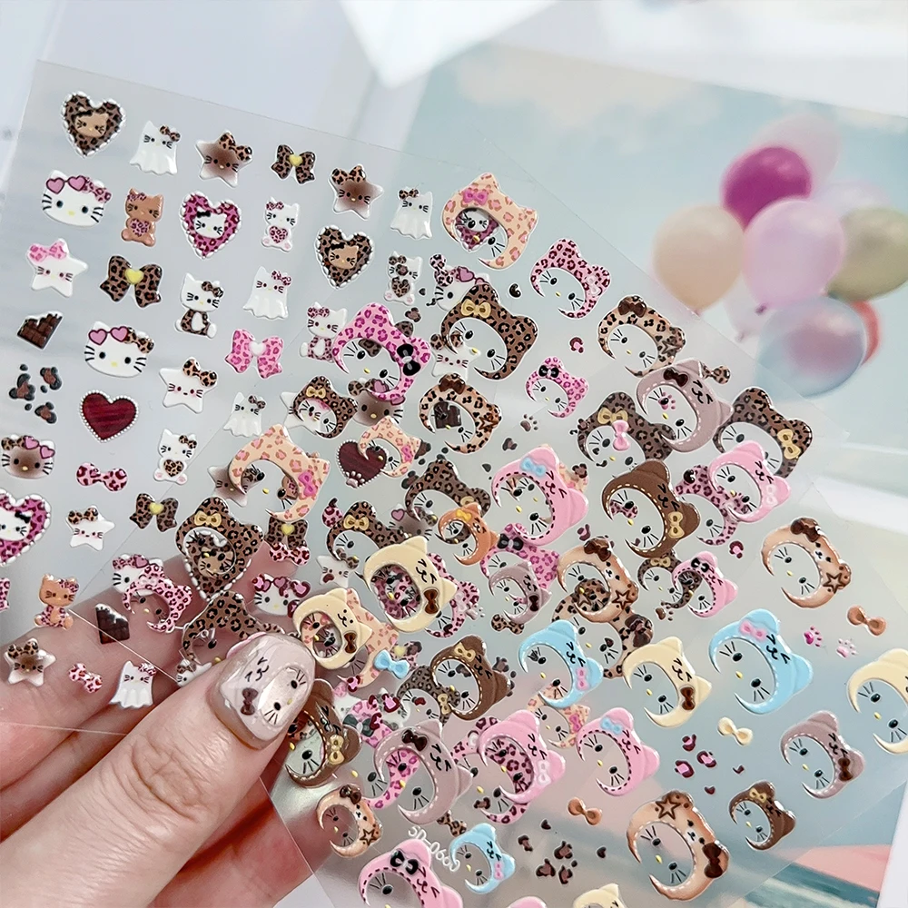 1/2/3 pezzi 5D Kawaii Leopardo Hello Kitty Adesivi per unghie Colore caffè Pop-Out Con cappuccio Kitty & Star Decalcomania per unghie Inverno Cartoon Manicure
