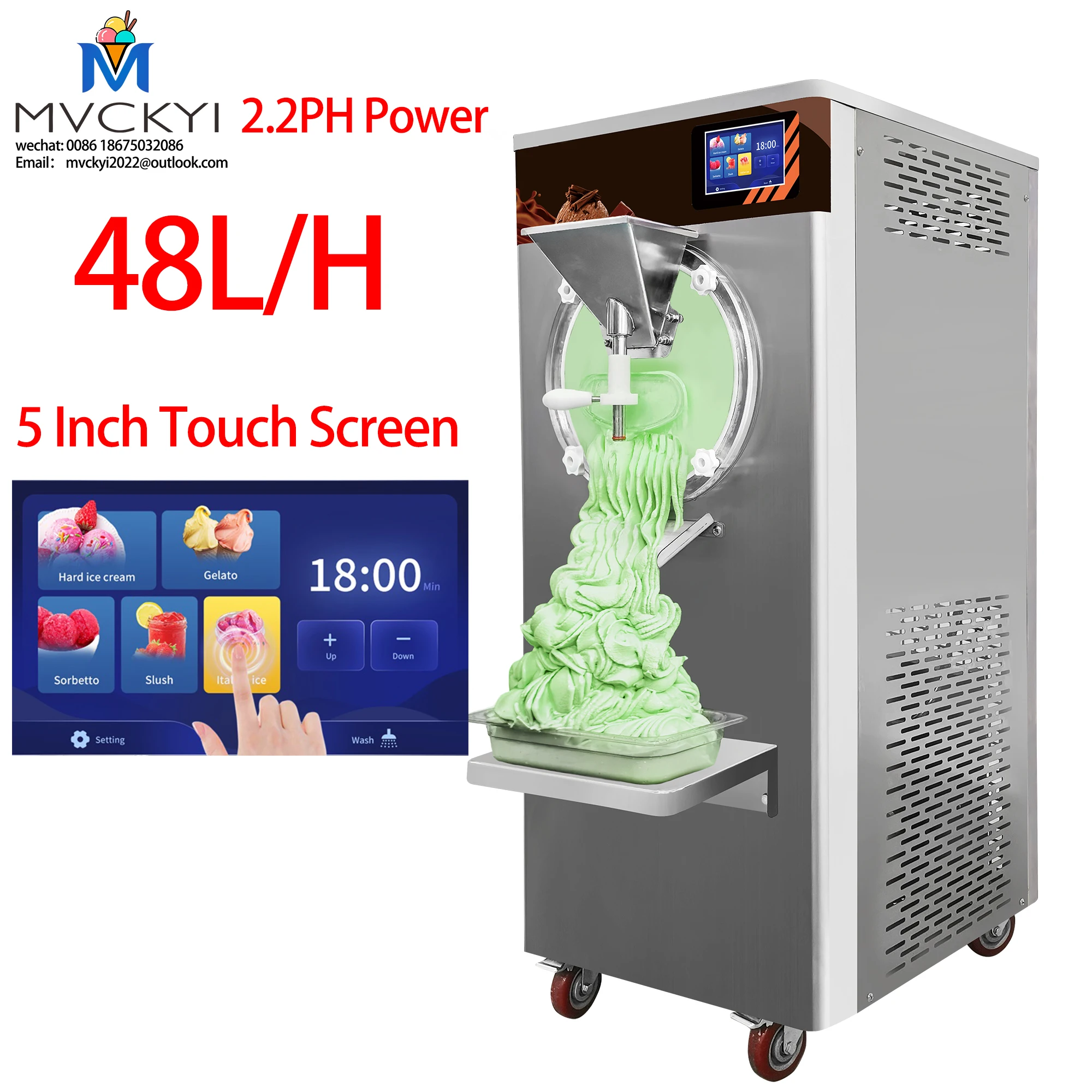 Mvckyi 100L/H Commercial Hard Ice Cream Machine/Frozen Fruit Slush Making/Yogurt Gelato Maker/Batch Chiller/Italian Ice Machine