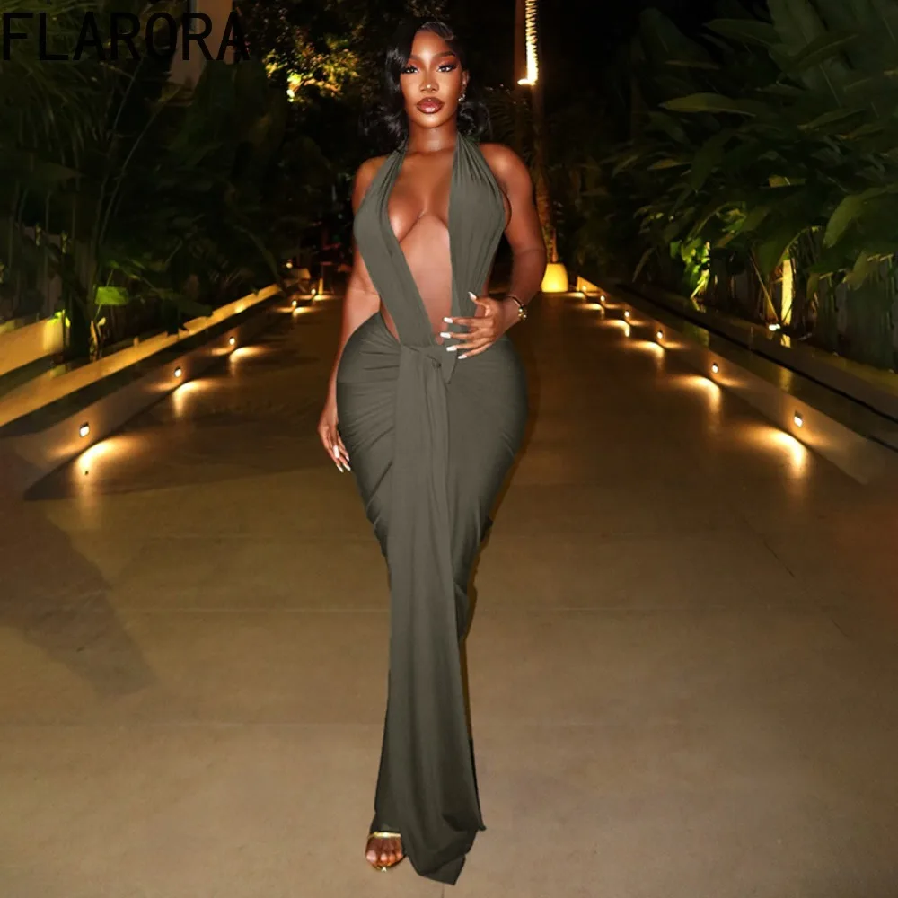 FLARORA Elegant Halter Backless Maxi Dress Woman Deep V Sleeveless Side Slit Irregular Dresses Luxury Evening Patry Clubwear New