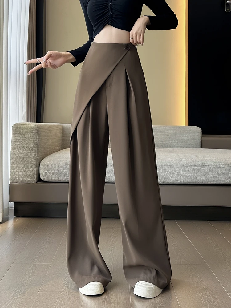 Qoerlin Stijlvolle Elegante Pak Broek Dames Office Dames Onregelmatige Taille Designer Wijde Taille Casual Broek Broek Met Hoge Taille Bruin