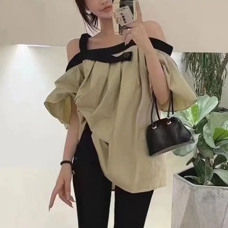 Spaghetti Strap Blouses Women Loose Sweet Girl Korean Style Ins Off Shoulder Young Fashion Simple All-match Irregular Tender New