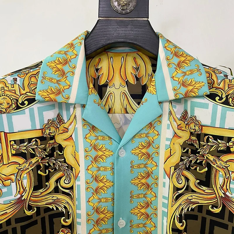 Kemeja Royal Mewah Pria Kasual Musim Panas Pendek Pria Sosial Paisley Court Kemeja Cetak Manga Longa Kemeja Pesta Prom Ropa Para Hombre