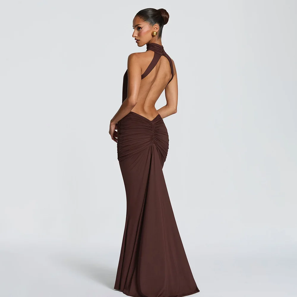Sexy Open Back Slim Mermaid Evening Dress Elegant Solid Color Summer Banquet Long Skirt for Women