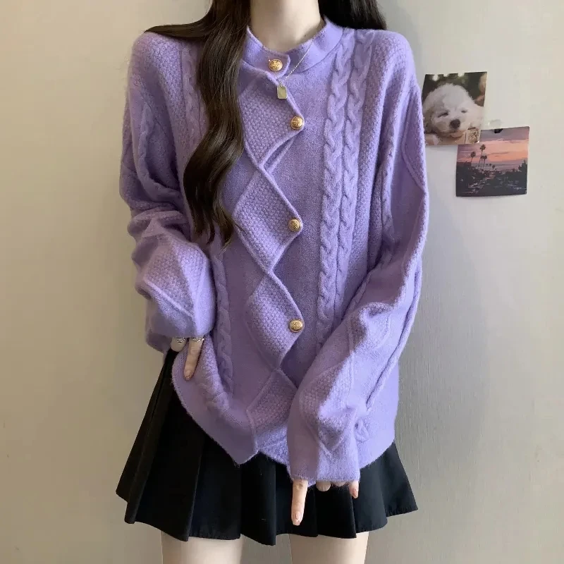 2024Autumn And Winter New Women's Design Sense Niche Diamond Lrregular Fashion Twist Knit Cardigan Casual Solid Color Button Top