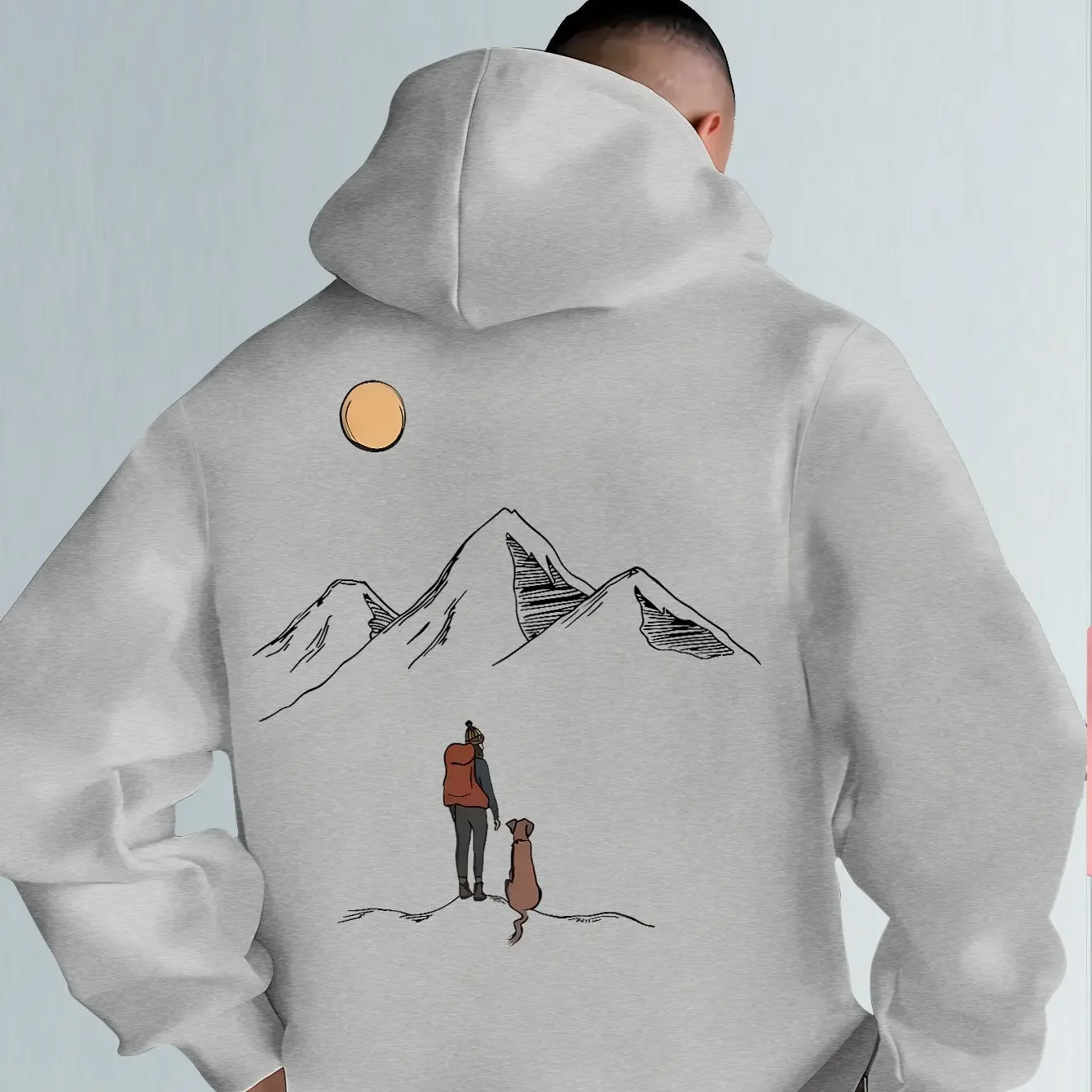 Sudadera con capucha con estampado en la espalda de Nature Sketch Hiker Dog Moon Mountain, sudadera con capucha extragrande unisex de forro polar suave y cálido