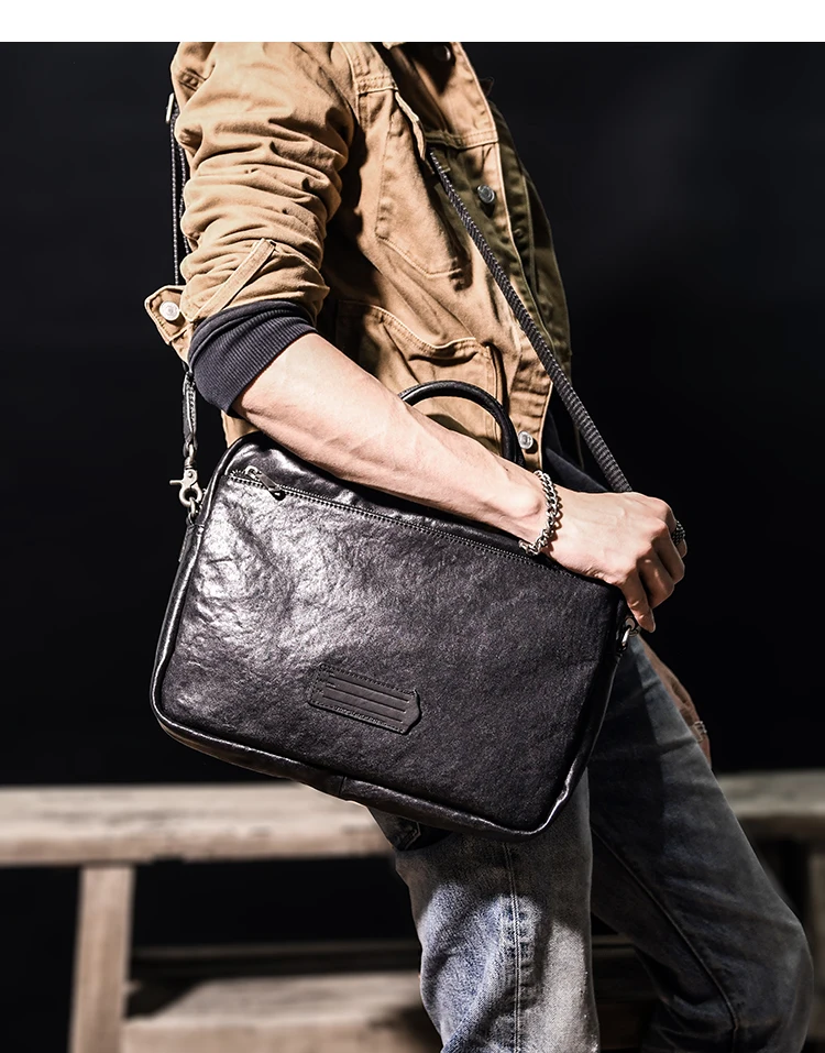 semplice moda fatta a mano in vera pelle da uomo da donna valigetta nera business casual borsa per laptop in vera pelle di mucca di lusso