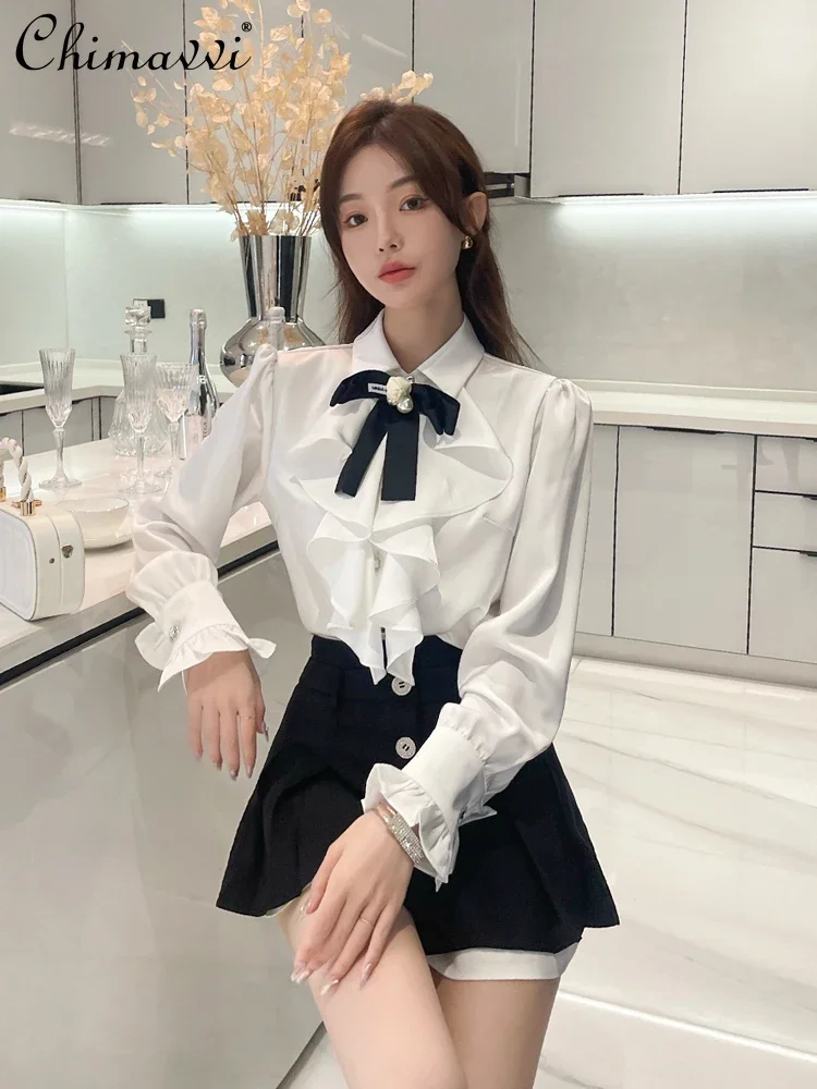 White Fungus Edge Long-sleeved Shirt Women Autumn French Fashion Design Bow Diamond Buckle Satin Top OL Elegant Camisas