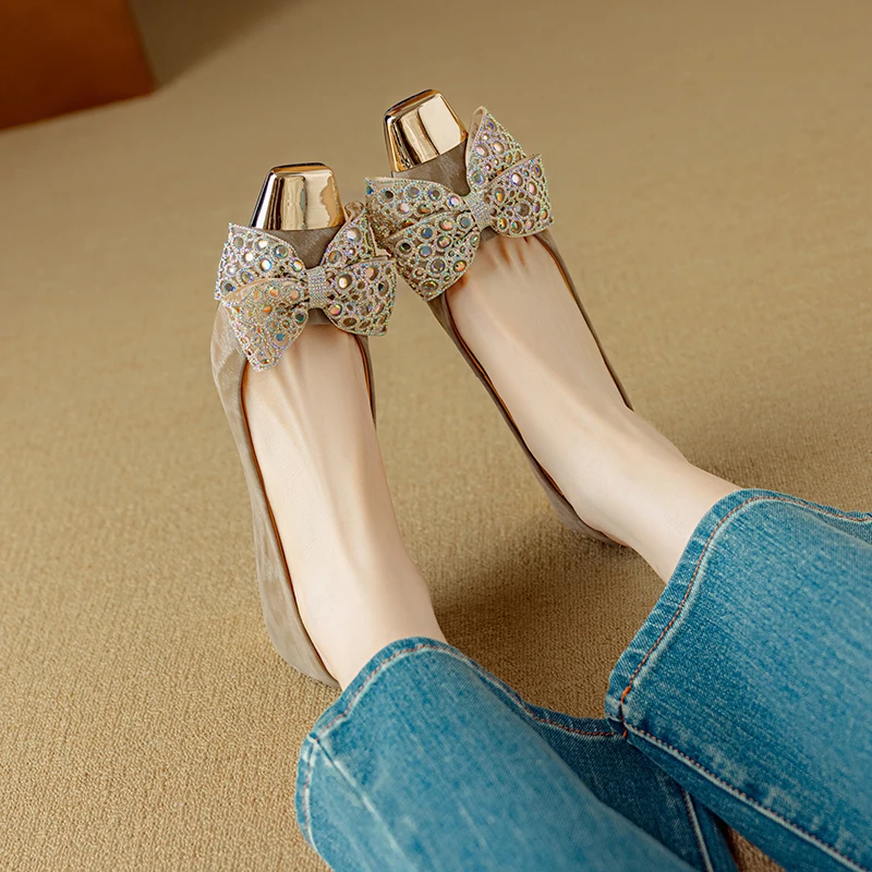 

Genuine Leather Stiletto Pumps Square Toe Rhinestone Shallow Cut Elegant Versatile Office Dressy Shoes for Women