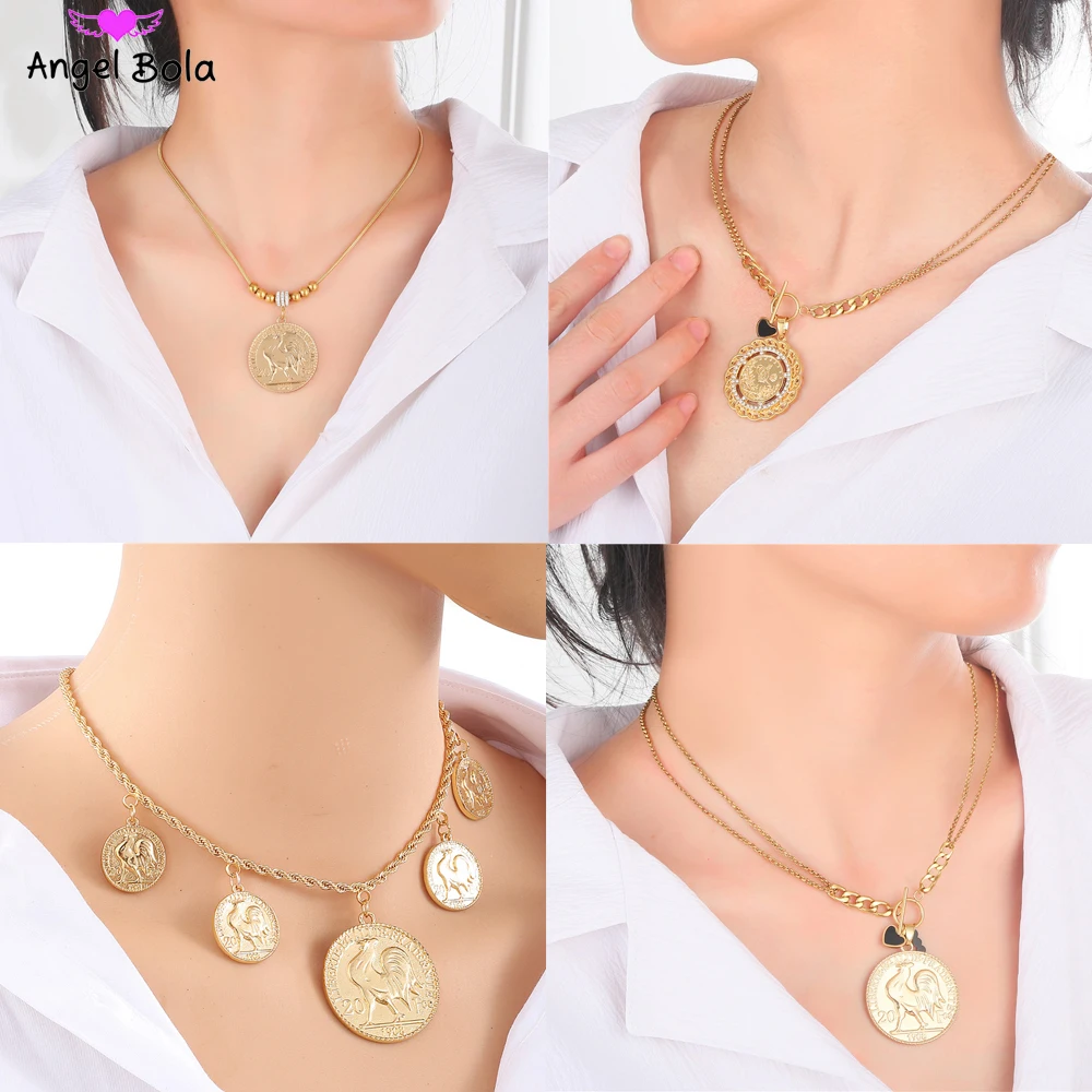 Hot Selling French Coins Rooster Accessories Pendants Stainless Steel Gold Chain Necklaces for Women Vintage Jewelry Wholesale