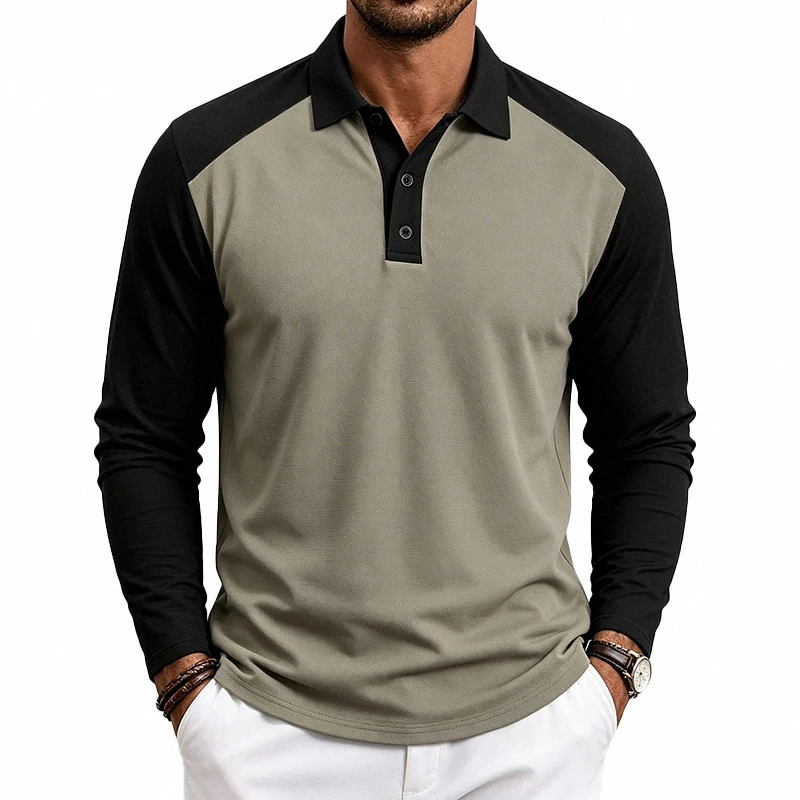 Polo de Manga Larga con Bloques de Color para Hombre, Estilo Casual para el Trabajo, con Cuello Camisero, para Otoño