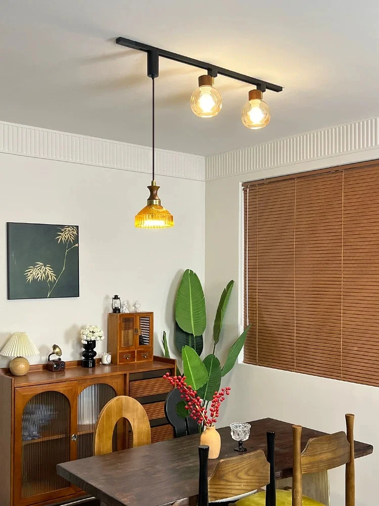 French medieval style restaurant island platform track light retro coffee shop colored glass three headed pendant light
