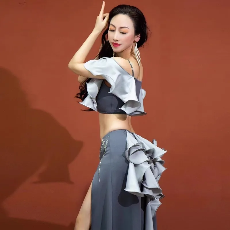 customized bellydancewear performance Practice set with lotus leaf rhinestones chest cotton suspender top double slit long skirt