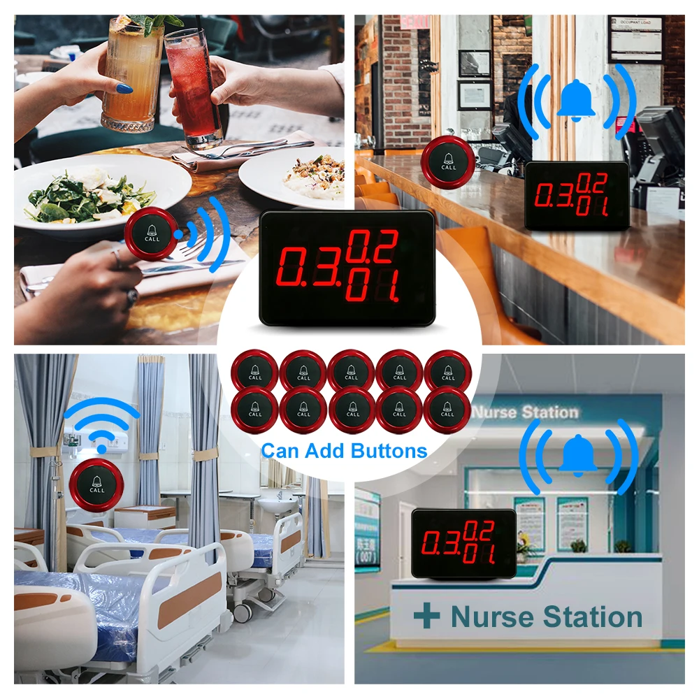 99 Channels Wireless Waiter Call Bell System 1 Host Receiver 10 Button Transmitter Vibration Bell for Bar Restaurant Pager