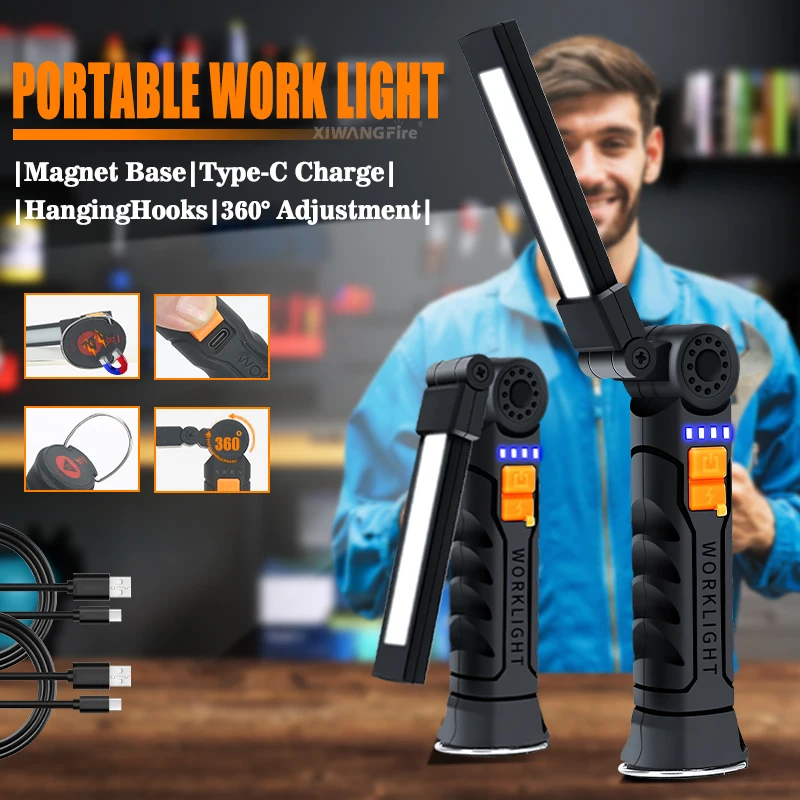 Portable COB LED Flashlight USB Rechargeable Work Light Magnetic Lanterna Hanging Lamp with Built-in Battery Camping Torch