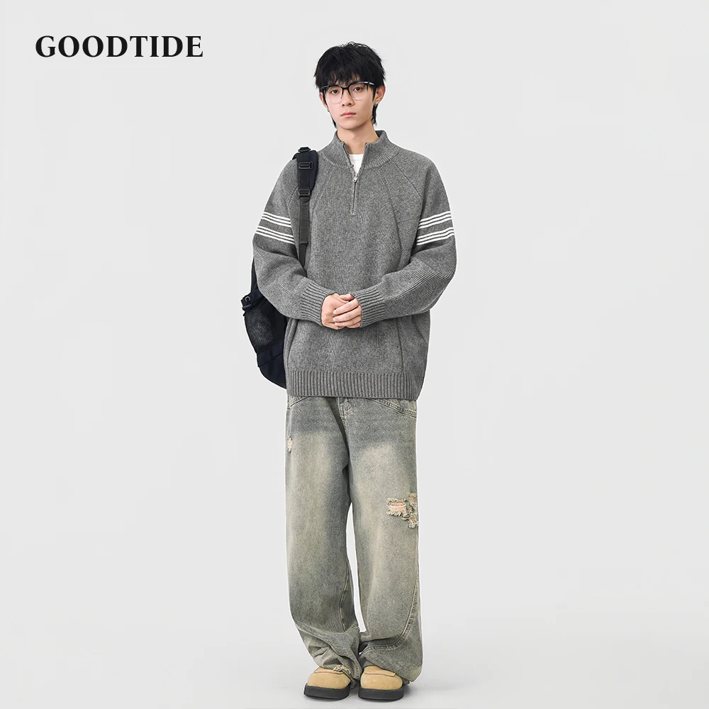 Fashion Men's Casual Half Zip Mock Neck Sweater 2025 Winter New Stripe on Sleeve Raglan Sleeve Knitted Pullover Soft Jumper Top