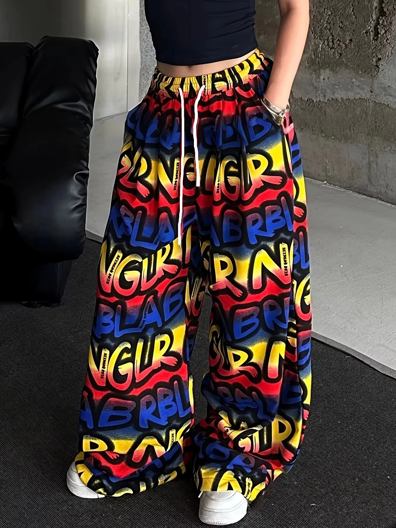 Unisex 3D Graffiti Letter Printed Quick Drying Straight Leg Pants for Women,elastic Drawstring Loose Hip-hop Street Sports Pants