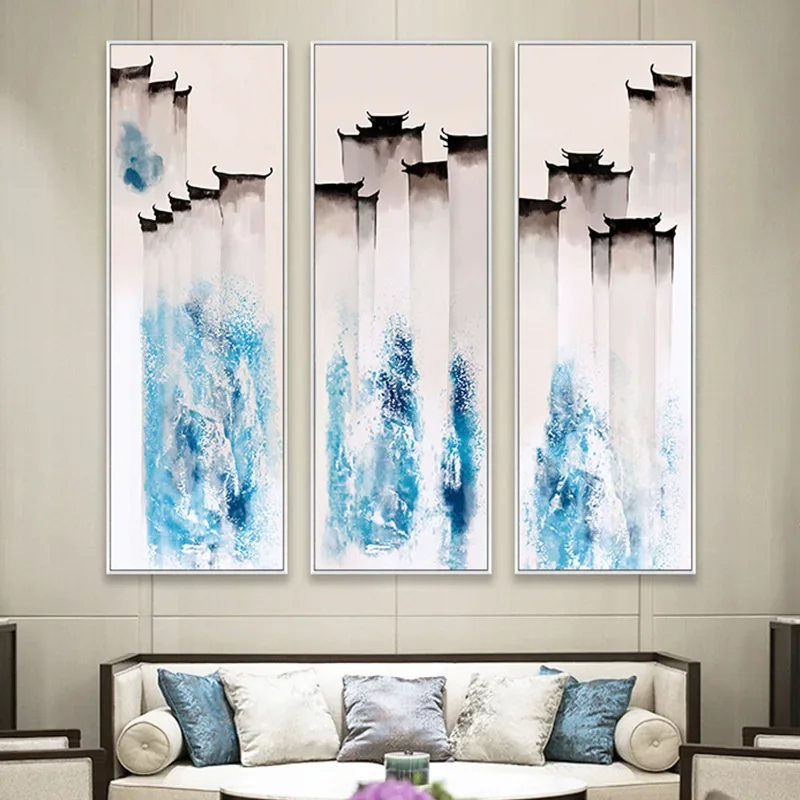 Dipinti sospesi per soggiorno, piatti verticali, paesaggio a inchiostro per trittico di studio