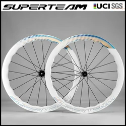 SUPERTEAM White Paint Disc Brake Carbon Wheels Center Lock/6 Bolt Road Bike Wheels 700C UCI Quality Road Racing Wheelset