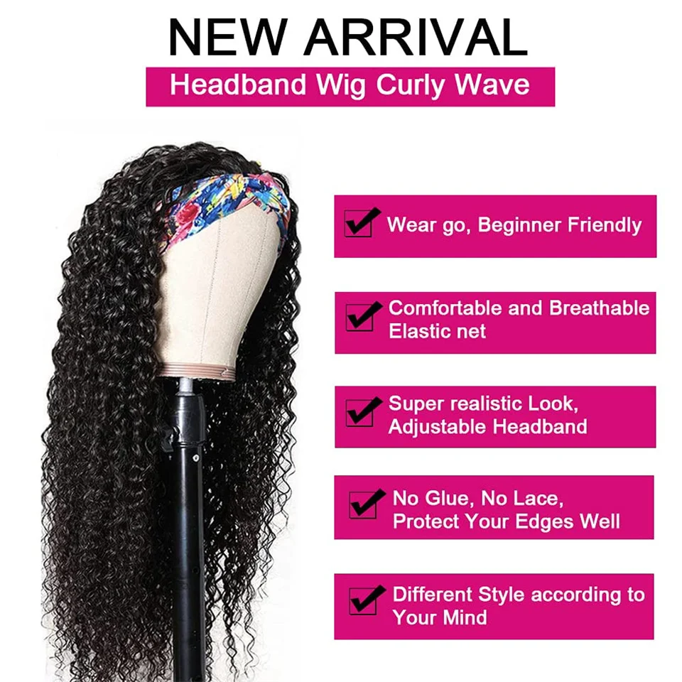 30 بوصة مجعد عقال الباروكات شعر الإنسان Density180 كامل آلة صنع وشاح عقال شعر مستعار ارتداء والذهاب مجعد غلويليس الباروكات شعر الإنسان