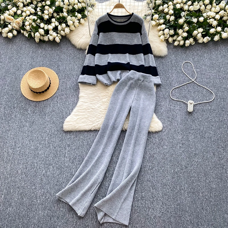 Women Two Piece Set Striped Sweater Knitted Pullover Long Sleeve Top +Solid High Waist Wide Leg Pants Autumn Winter 2 Piece Set